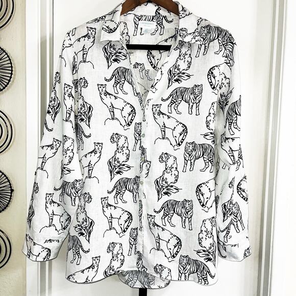 Cynthia Rowley Anthropologie Womens 100% Linen Blouse - White Black, Size XL - Picture 3 of 7